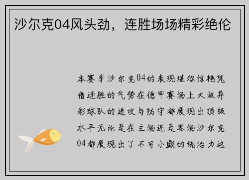 沙尔克04风头劲，连胜场场精彩绝伦